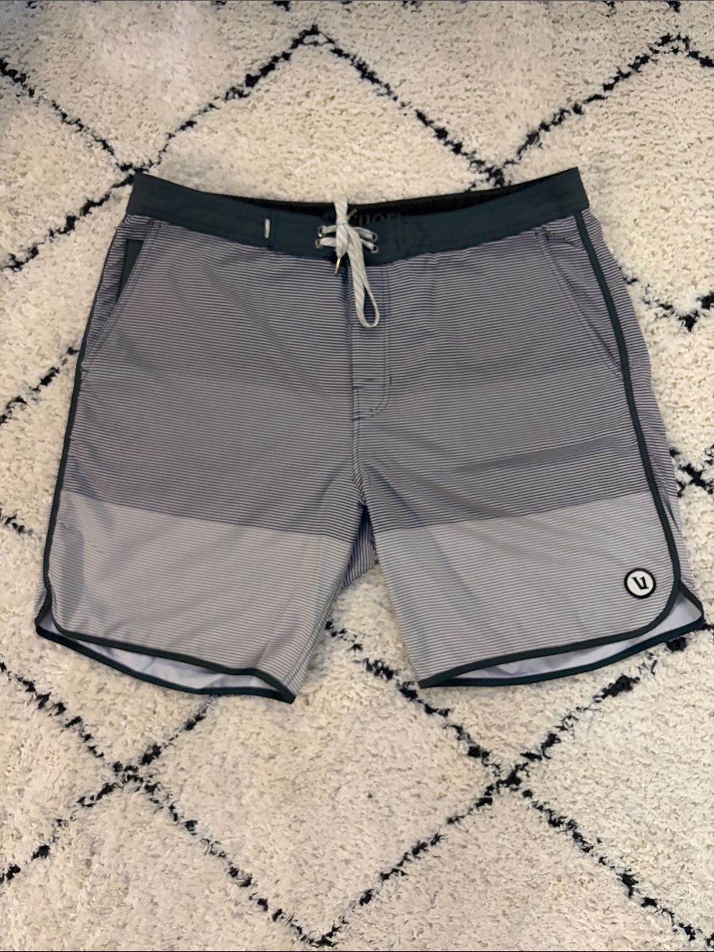 Vuori Men's Gray Striped Swim Hybrids with Dark Waistband